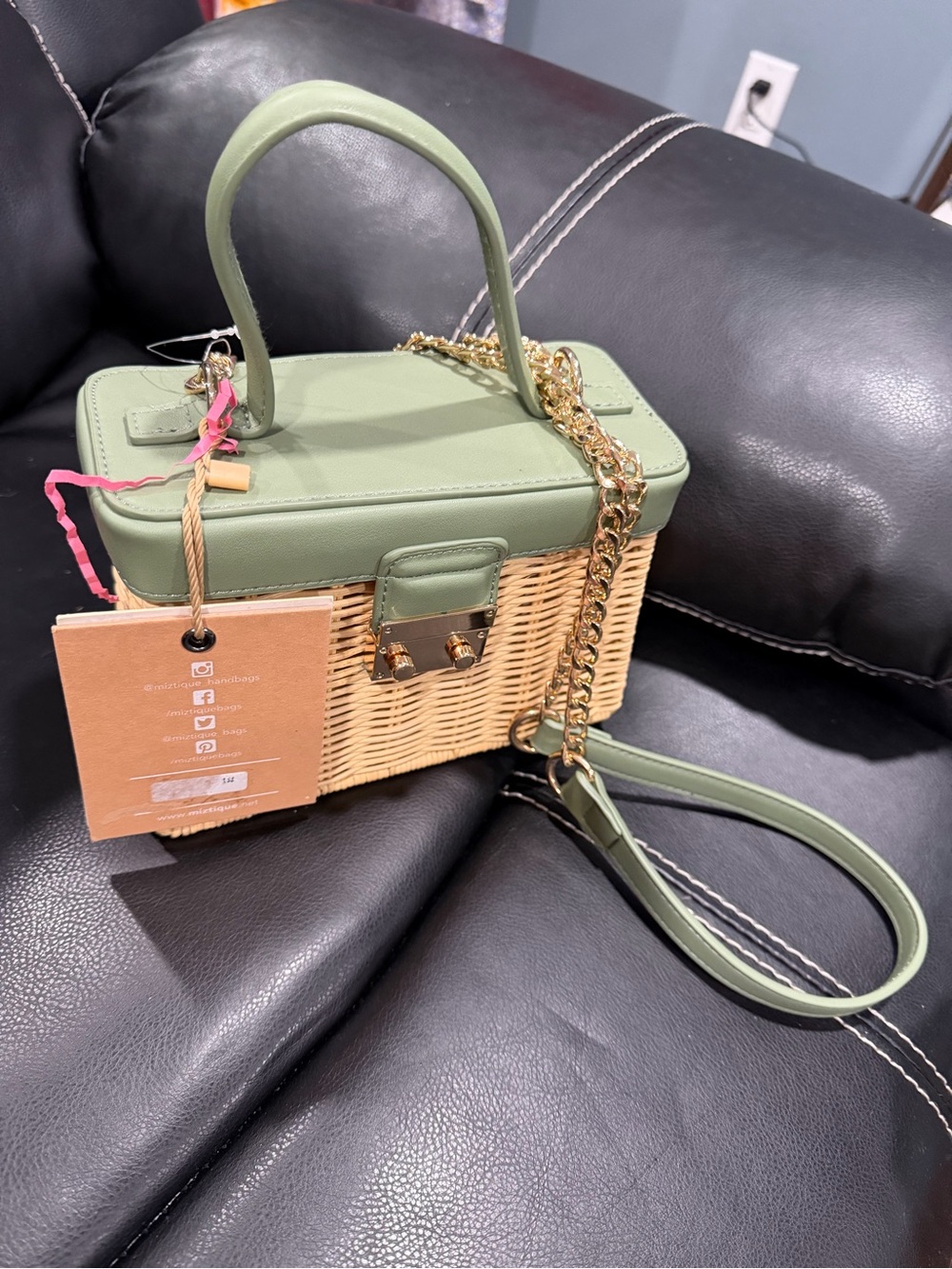 Green Woven Top-Handle Mini Bag with Gold Chain